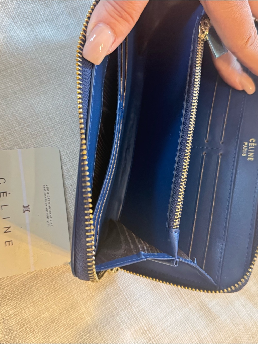 Celine Navy Leather Zip Wallet with Gold Logo - Picture 5 of 7